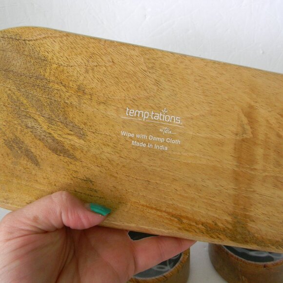 Temp-tations Floral Lace Set of (3) Wood Ramekins with Elongated Tray GRAY - Picture 4 of 4